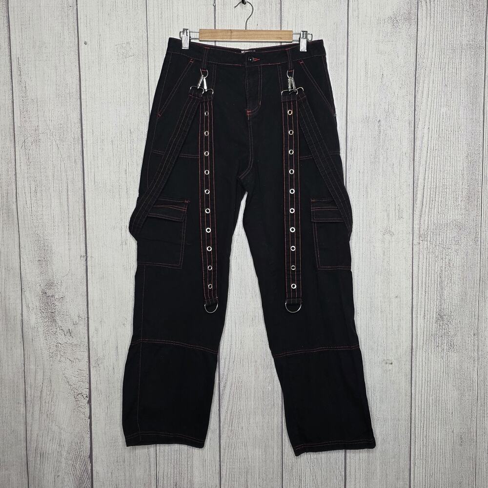 Hot Topic HT Denim Goth Strap Cargo Pants Black Red Stitch Size 9